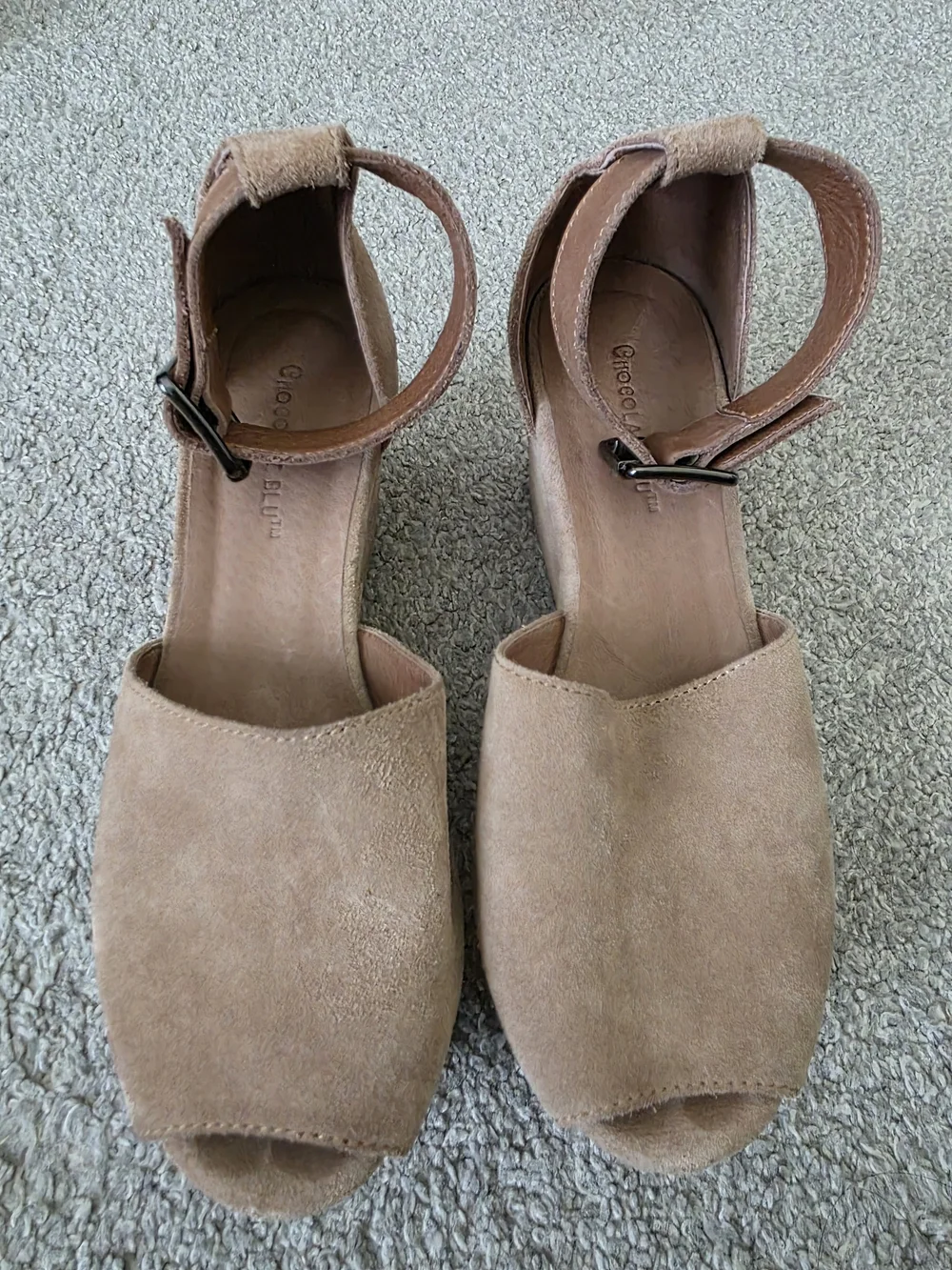 Chocolat Blu Beige Suede Platform Wedge Sandals with Ankle Buckles